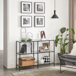 VASAGLE Console Coffee Table with 3 Glass Shelves Steel Frame Modern in Black - thumbnail 2