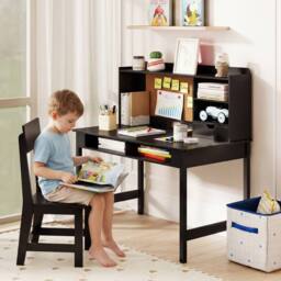 CASART Kids Study Table & Chair Set Wooden Table & Chair w/ Hutch & Shelves in Black - thumbnail 1