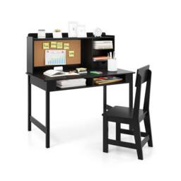 CASART Kids Study Table & Chair Set Wooden Table & Chair w/ Hutch & Shelves in Black - thumbnail 4
