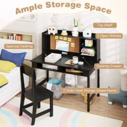 CASART Kids Study Table & Chair Set Wooden Table & Chair w/ Hutch & Shelves in Black - thumbnail 9