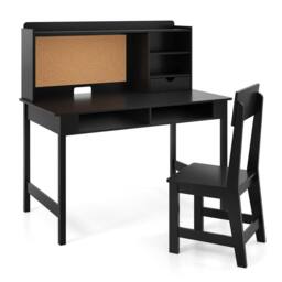 CASART Kids Study Table & Chair Set Wooden Table & Chair w/ Hutch & Shelves in Black - thumbnail 5