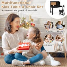 CASART Kids Study Table & Chair Set Wooden Table & Chair w/ Hutch & Shelves in Black - thumbnail 7