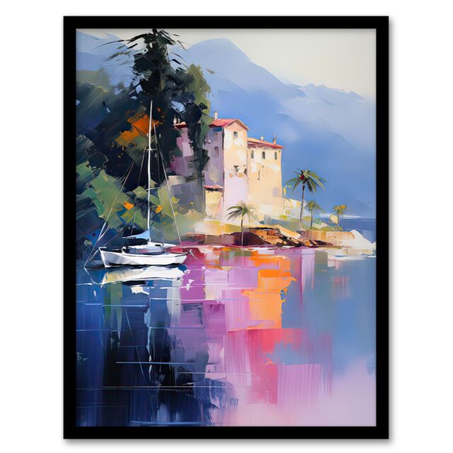 Artery8 Wall Art Print Sail Boat on Lake Como Painting Scenic Italian Landscape Framed Art in Blue - Size: A4 - image 1