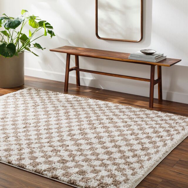 Livabliss Birmingham-Shaggy Black Grey Brown Checkboard Soft Plush Pile Living Rug in Tan - Size: 160 cm x 215 cm - image 1