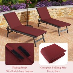 Costway Chaise Lounge Cushion Set Indoors Outdoors Tri-Fold Lounger Pad with Hook in Red - thumbnail 4