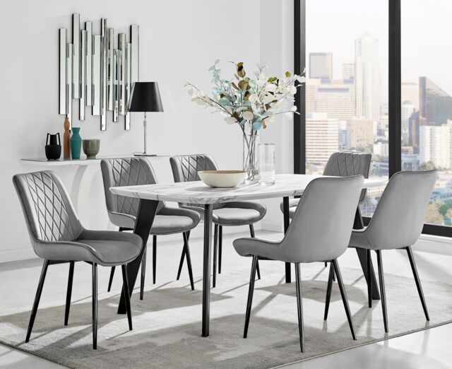 FurnitureboxUK Andria White Marble Effect & Black Leg 6 Seater Dining Table & 6 Pesaro Soft Velvet Chairs in Grey - image 1