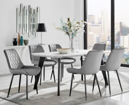 FurnitureboxUK Andria White Marble Effect & Black Leg 6 Seater Dining Table & 6 Pesaro Soft Velvet Chairs in Grey - thumbnail 1