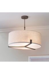 Netlighting Hayfield Cylindrical Pendant Brushed Bronze Effect Plate & Natural Linen 3 Light Dimmable IP20 E27 in Brown - thumbnail 2