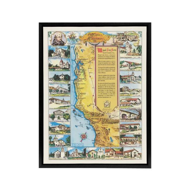"Artery8 Putnam 1949 California Missions Map Framed Canvas Wall Art Print - Size: W12"" x H16""" - image 1