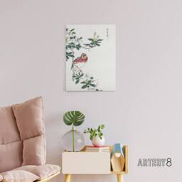 "Artery8 Long Tailed Rosefinch Japanese Canvas Wall Art Print Numata Kashu - Size: W18"" x H24""" - thumbnail 3