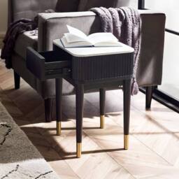 Cheshire Fluted Stone Top Lamp Table With Drawer in White Marble & Black - thumbnail 3