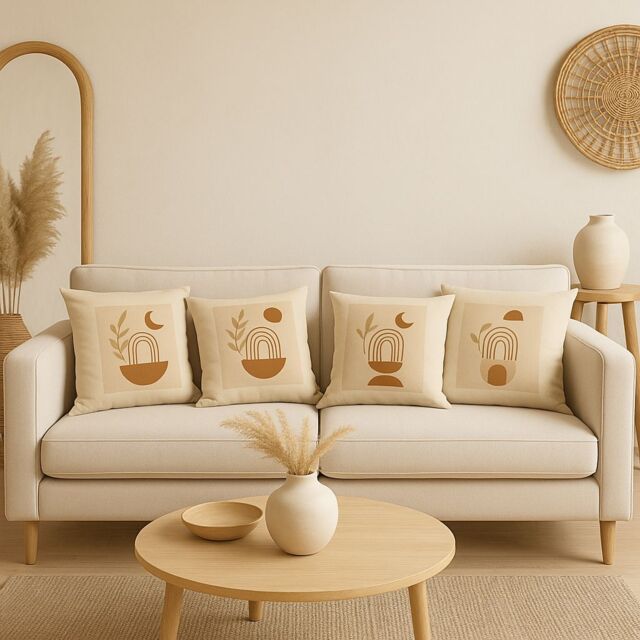 Mafett Set of 4 Boho Cushion Covers Minimalist Abstract Designs in Neutral Earthy Tones in Beige - image 1
