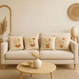 Mafett Set of 4 Boho Cushion Covers Minimalist Abstract Designs in Neutral Earthy Tones in Beige