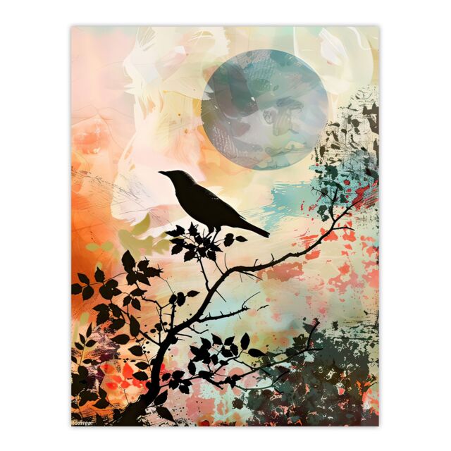 "Artery8 Bird in Tree Sunset Artwork Calm Peaceful Nature Wall Art Print - Size: W12"" x H16""" - image 1