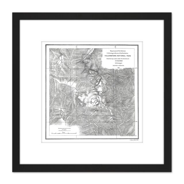 Artery8 Hayden 1871 Yellowstone National Park USA Map 8X8 Inch Square Wooden Framed Wall Art Print Picture with Mount in Black - image 1