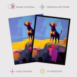 Wee Blue Coo Wall Art Print Sunset Strolls of a Labrador Vibrant Portrait in Abstract Coastal Landscape Oil Painting Art Framed in Blue - Size: A4 - thumbnail 2