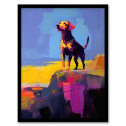 Wee Blue Coo Wall Art Print Sunset Strolls of a Labrador Vibrant Portrait in Abstract Coastal Landscape Oil Painting Art Framed in Blue - Size: A4 - thumbnail 1