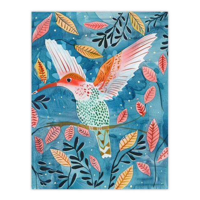 "Artery8 Hummingbird Folk Art Pink Blue Orange Watercolour Wall Art Print - Size: W18"" x H24""" - image 1