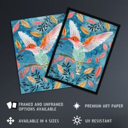 "Artery8 Hummingbird Folk Art Pink Blue Orange Watercolour Wall Art Print - Size: W18"" x H24""" - thumbnail 2