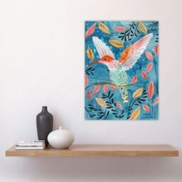 "Artery8 Hummingbird Folk Art Pink Blue Orange Watercolour Wall Art Print - Size: W18"" x H24""" - thumbnail 4