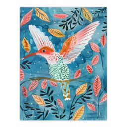 "Artery8 Hummingbird Folk Art Pink Blue Orange Watercolour Wall Art Print - Size: W18"" x H24""" - thumbnail 1