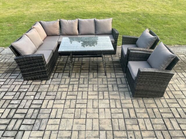 Fimous High Back Outdoor Garden Furniture Set Rattan Corner Sofa Dining Table Set With 2 Armchairs 8 Seater in Dark Grey - image 1