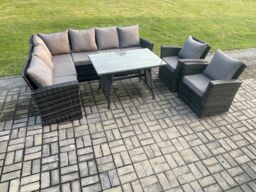 Fimous High Back Outdoor Garden Furniture Set Rattan Corner Sofa Dining Table Set With 2 Armchairs 8 Seater in Dark Grey - thumbnail 2