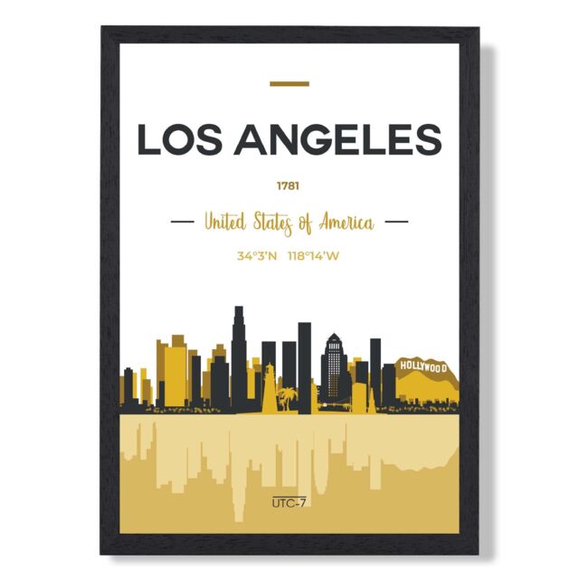 ARTZE Los Angeles Yellow & Black City Skyline Framed Print SIZE: A3 with Black Frame - Size: A4 - image 1