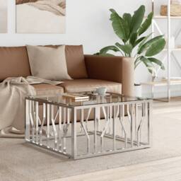 Berkfield Home Coffee Table 80x80x40 cm Stainless Steel & Glass in Silver - Size: 80 x 80 x 40 cm - thumbnail 2