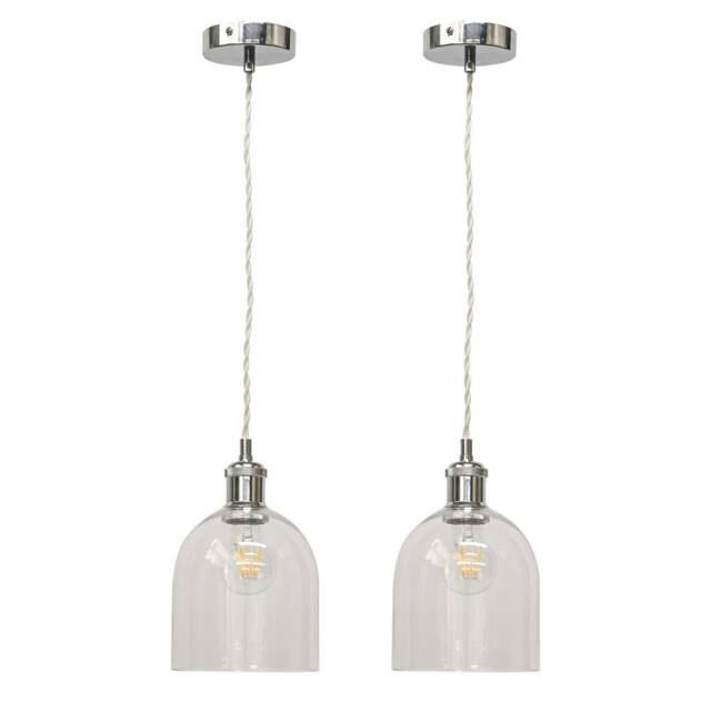 First Choice Lighting Set of 2 Belten - Clear Glass Cloche Chrome Retro Pendant Fittings - image 1