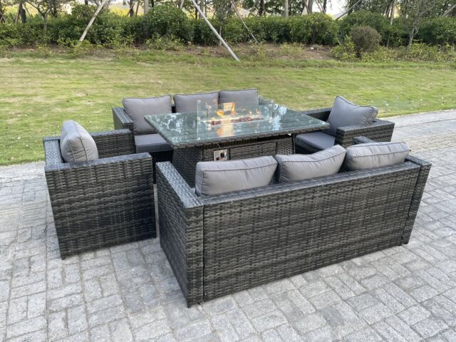 Fimous Outdoor Rattan Garden Furniture Gas Fire Pit Table Sets Gas Heater Lounge Chairs Dark Grey 8 Seater - image 1