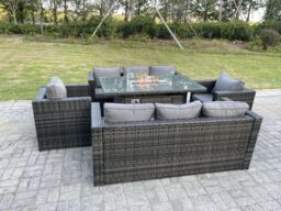 Fimous Outdoor Rattan Garden Furniture Gas Fire Pit Table Sets Gas Heater Lounge Chairs Dark Grey 8 Seater - thumbnail 4