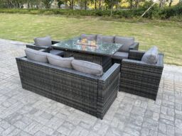 Fimous Outdoor Rattan Garden Furniture Gas Fire Pit Table Sets Gas Heater Lounge Chairs Dark Grey 8 Seater - thumbnail 5