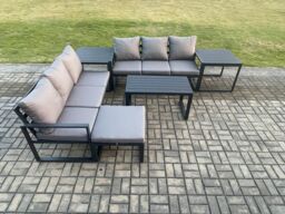 Fimous Aluminium 6 Pieces Outdoor Garden Furniture Lounge Sofa Set with Oblong Coffee Table Big Footstool 2 Side Tables Dark Grey - thumbnail 2