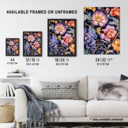 Artery8 Modern William Morris Style Elegant Anemone Flowers Floral Pattern Colourful Artwork On Blue Unframed Wall Art Print Poster Home Decor - thumbnail 3