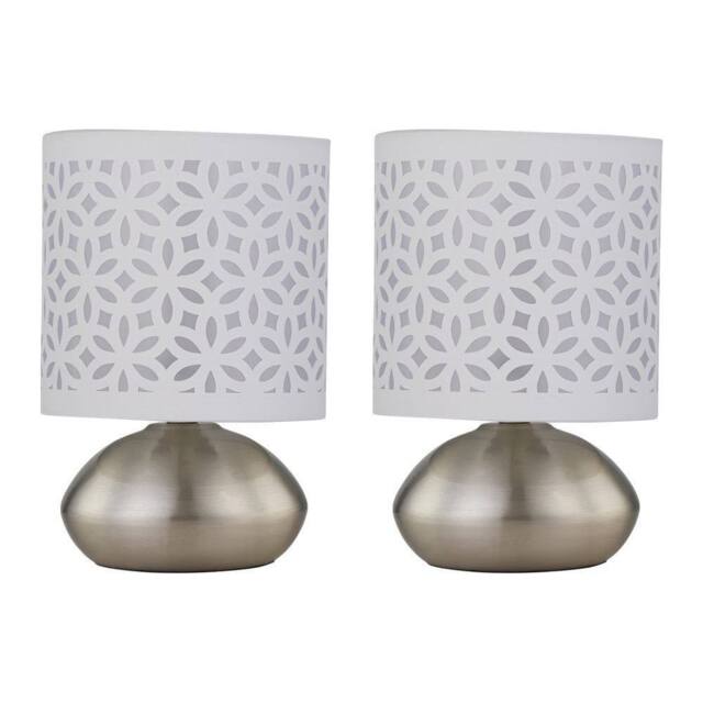 First Choice Lighting Set of 2 Jenson - Brushed Chrome Touch Table Lamps White Cut Out Shade in Silver - image 1