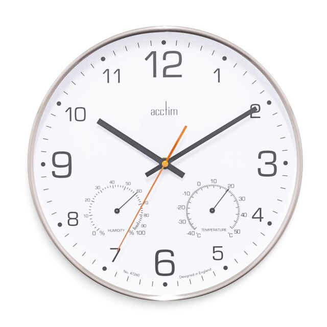 Acctim Komfort Wall Clock Non-Ticking Sweep Metal Case Thermometer Hygrometer Display Brushed Steel 30cm in Metallic Silver - image 1