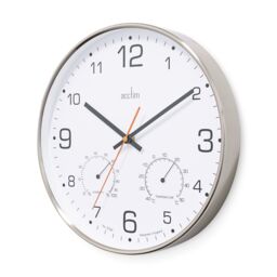 Acctim Komfort Wall Clock Non-Ticking Sweep Metal Case Thermometer Hygrometer Display Brushed Steel 30cm in Metallic Silver - thumbnail 5