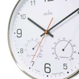 Acctim Komfort Wall Clock Non-Ticking Sweep Metal Case Thermometer Hygrometer Display Brushed Steel 30cm in Metallic Silver - thumbnail 3