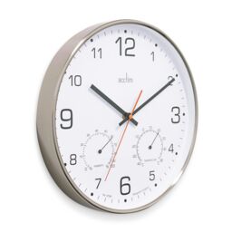 Acctim Komfort Wall Clock Non-Ticking Sweep Metal Case Thermometer Hygrometer Display Brushed Steel 30cm in Metallic Silver - thumbnail 2