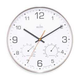 Acctim Komfort Wall Clock Non-Ticking Sweep Metal Case Thermometer Hygrometer Display Brushed Steel 30cm in Metallic Silver