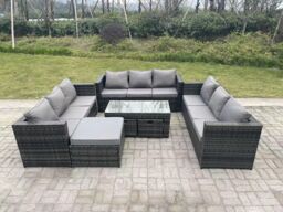Fimous Outdoor Rattan Garden Furniture Lounge Sofa Set With Oblong Rectagular Coffee Table Footstool in Dark Grey - thumbnail 1