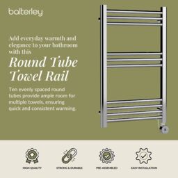 Balterley Electric Round Tube Towel Rail with 10 Bars, 800mm x 500mm - Chrome in Silver - thumbnail 2