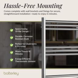 Balterley Electric Round Tube Towel Rail with 10 Bars, 800mm x 500mm - Chrome in Silver - thumbnail 4
