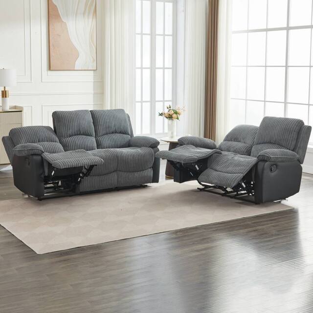 FURNITURE ONE Manual Reclining Sofa Set, Corduroy Fabric - 2+3 Sofa Set in Grey - Size: 1 Pack - image 1