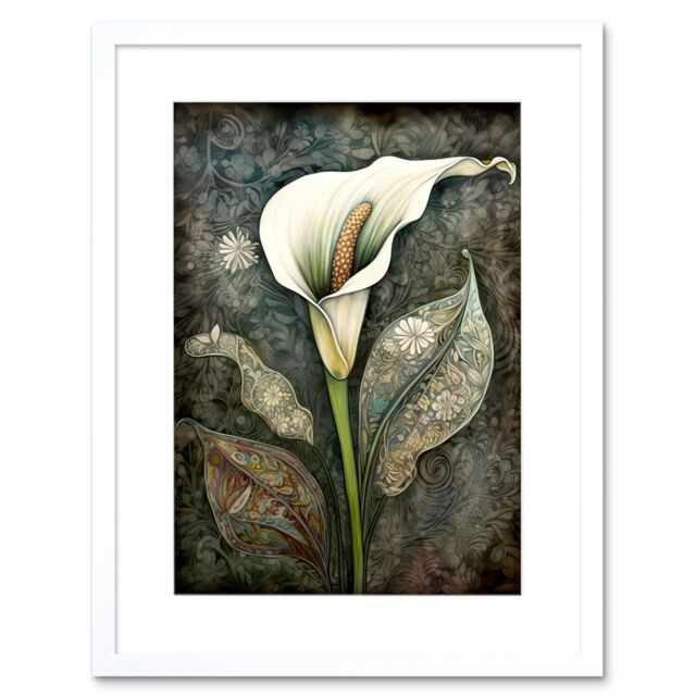 "Artery8 Wall Art Print Calla Lily Flower Bloom with Batik Style Patterns Artwork Framed 9X7 Inch in White - Size: W7"" x H9""" - image 1
