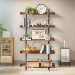 FURNOS Industrial 5 Tier Bookcase Storage Shelf Unit Living Room Furniture in Brown - thumbnail 2