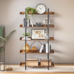 FURNOS Industrial 5 Tier Bookcase Storage Shelf Unit Living Room Furniture in Brown - thumbnail 1