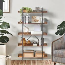 FURNOS Industrial 5 Tier Bookcase Storage Shelf Unit Living Room Furniture in Brown - thumbnail 5