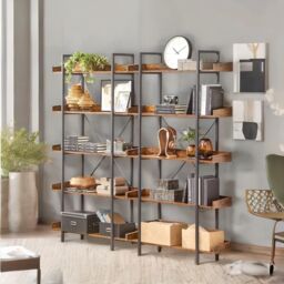 FURNOS Industrial 5 Tier Bookcase Storage Shelf Unit Living Room Furniture in Brown - thumbnail 4
